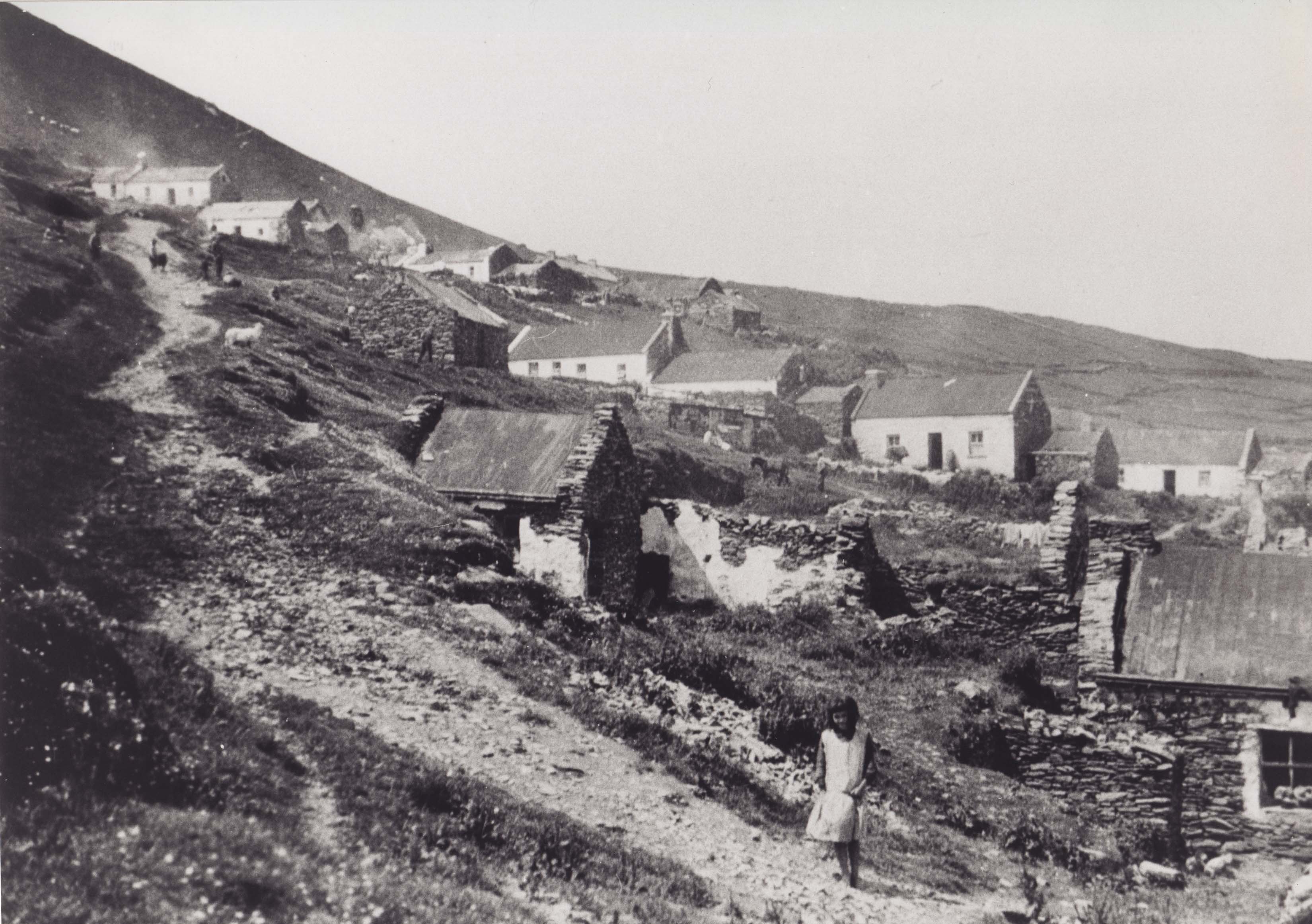 A view of the village in the 1920s. It was in the house in the middle of the photograph, which lies partially in ruin, that Peig Sayers lived when she first married into the island.